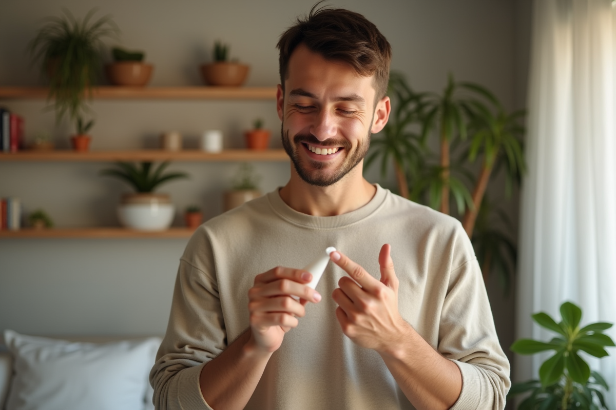 Jeune homme mettant creme sur ses doigts dans chambre lumineuse