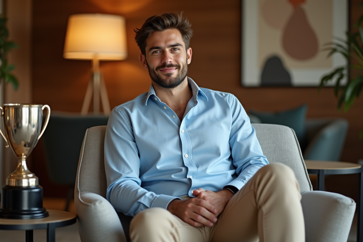Jeune homme détendu dans un lounge moderne avec trophée