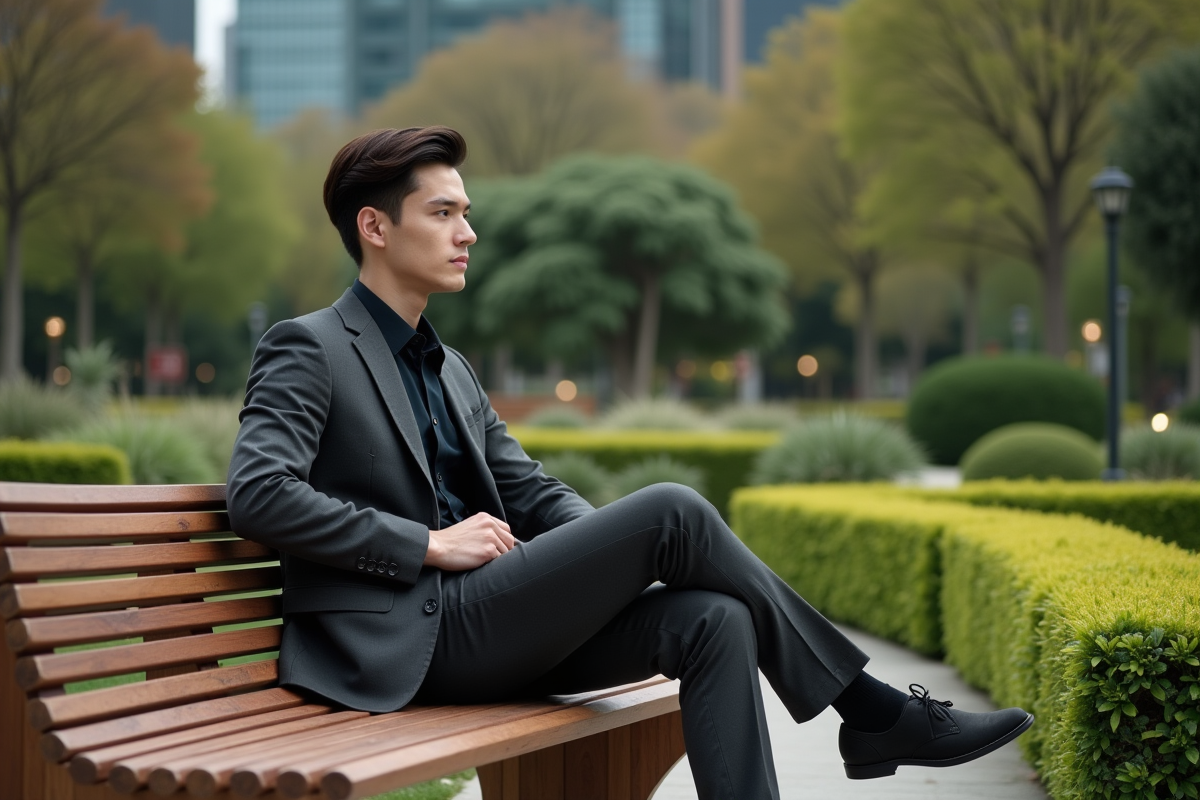 Jeune homme en costume dans un parc urbain calme