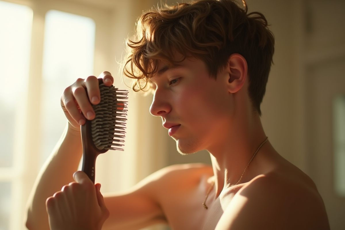 Jeune homme regarde son peigne avec des cheveux perdus dans la lumière