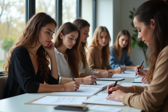Groupe de jeunes modèles préparant leurs portfolios dans un espace lumineux