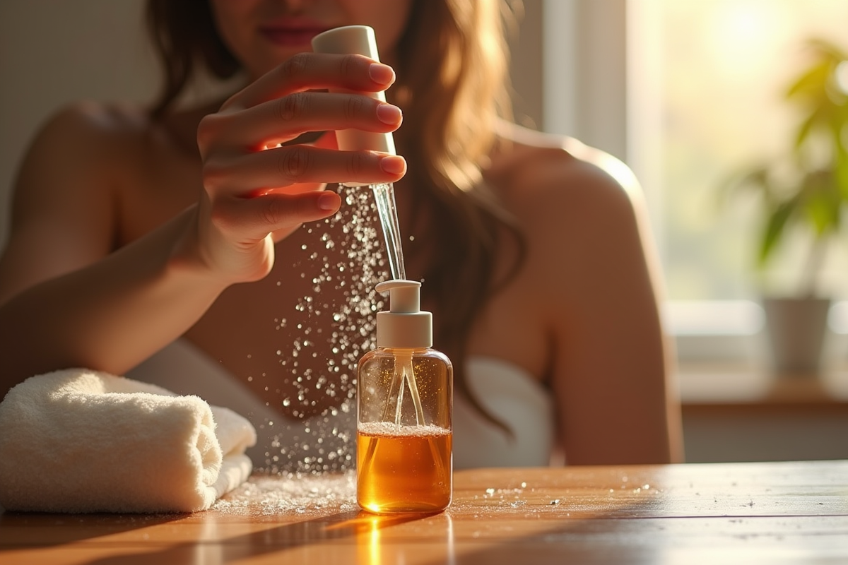 Mains versant du shampoing sur cheveux mouilles
