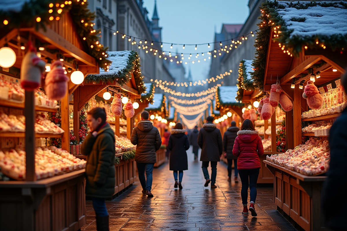 Marché de Noël extérieur avec lumières et ambiance festive