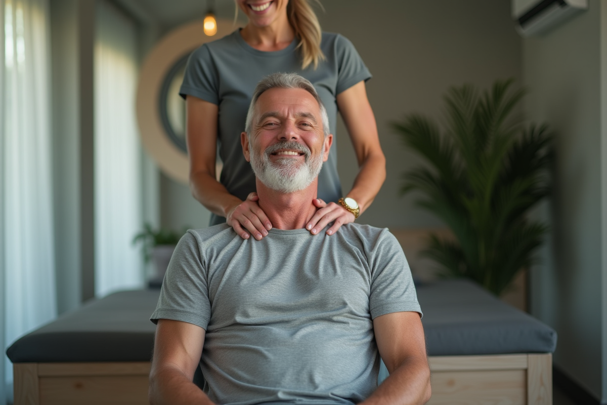 Homme recevant un massage du cou dans un espace wellness