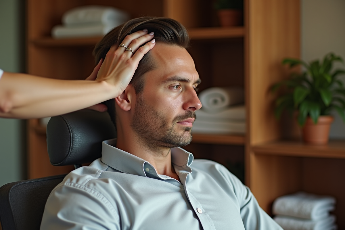 Praticienne réalisant un massage du cuir chevelu à un homme
