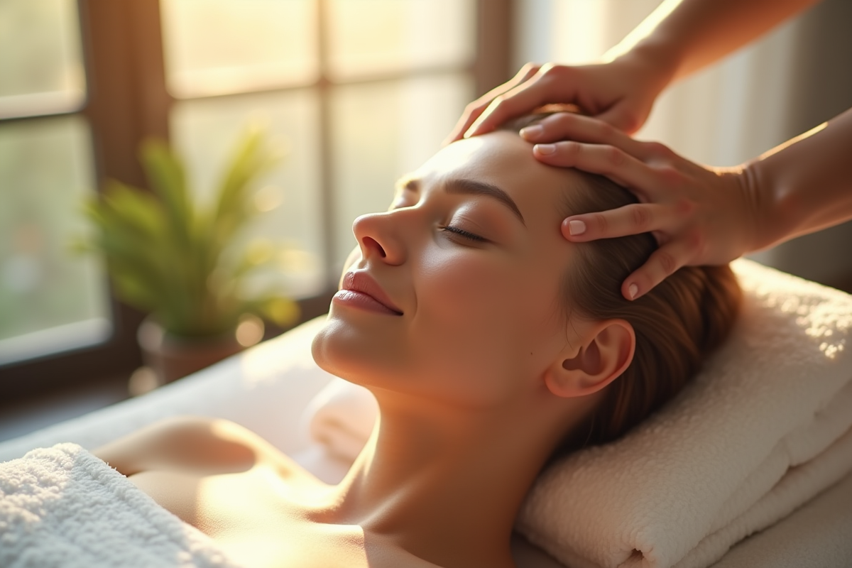 Personne recevant un massage du cuir chevelu dans un spa moderne
