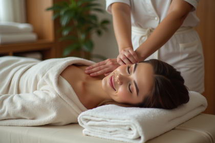 Femme détendue recevant un massage dans un spa moderne