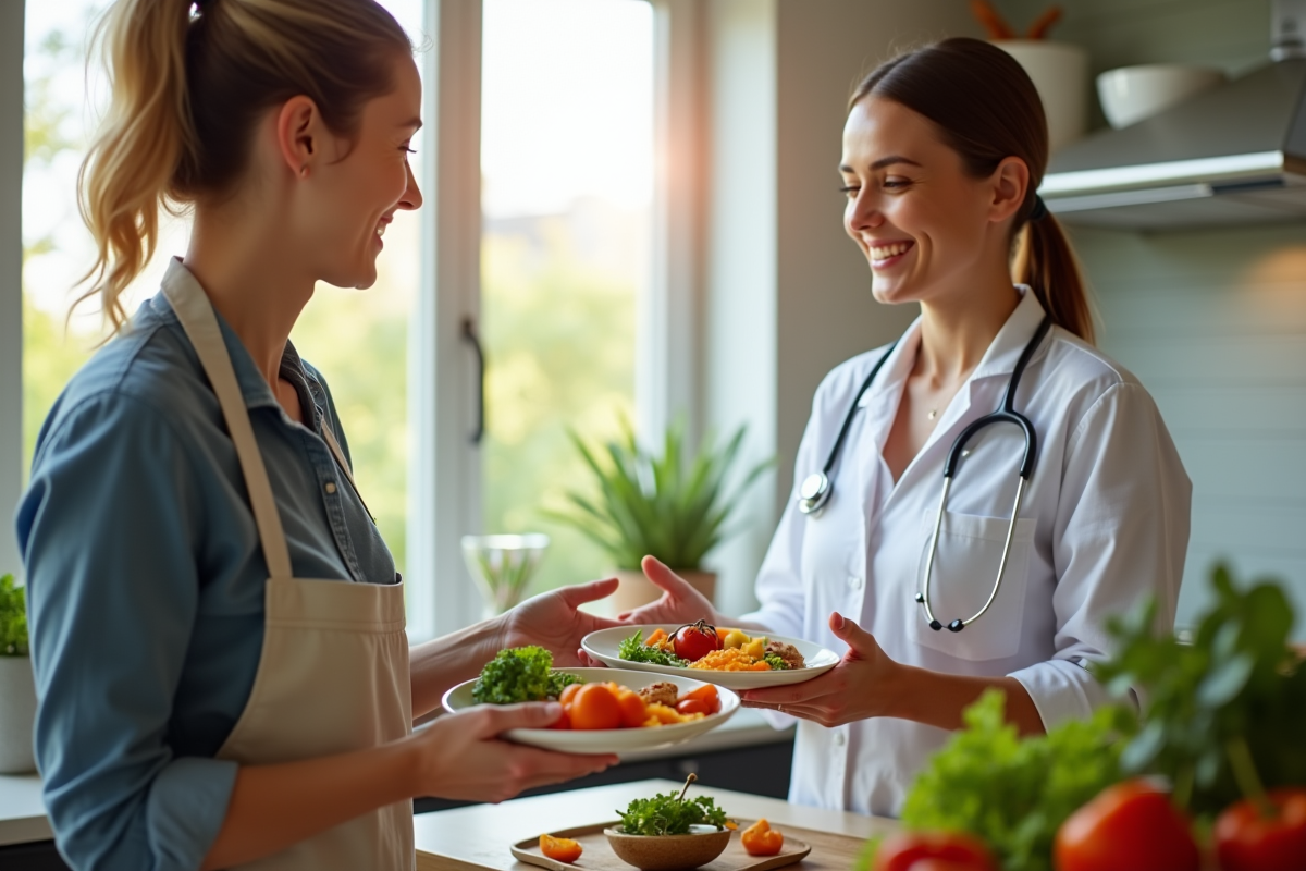 Nutritionniste montrant une assiette colorée de nourriture équilibrée dans une cuisine lumineuse