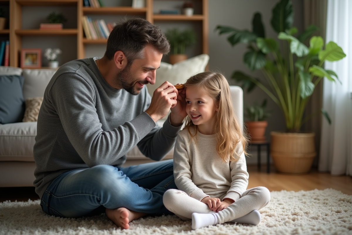 Père coiffant sa fille souriante dans le salon chaleureux