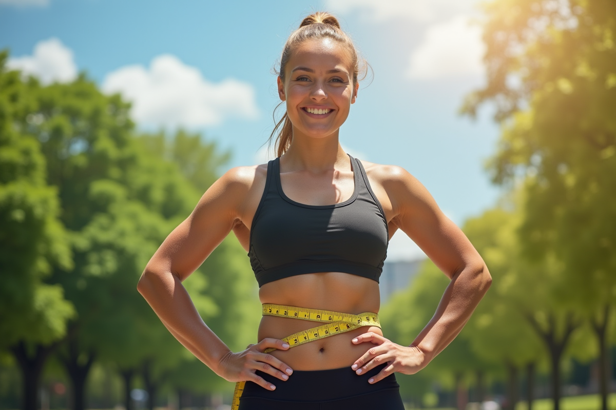 Personne sportive en tenue de sport dans un parc ensoleille avec un ruban de mesure