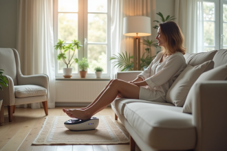 Personne relaxant sur un sofa avec un appareil de soin des pieds
