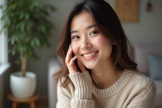 Femme souriante avec peau lumineuse en intérieur