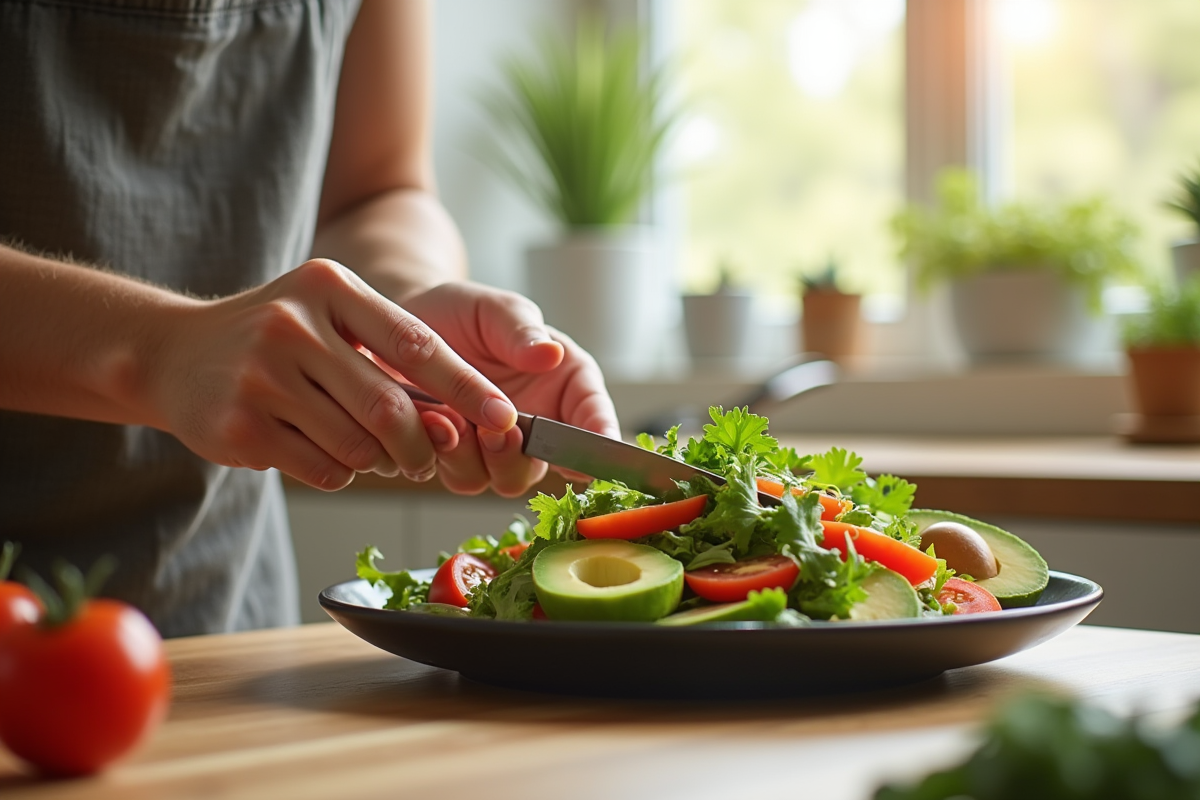 Mains préparant une salade colorée dans une cuisine moderne