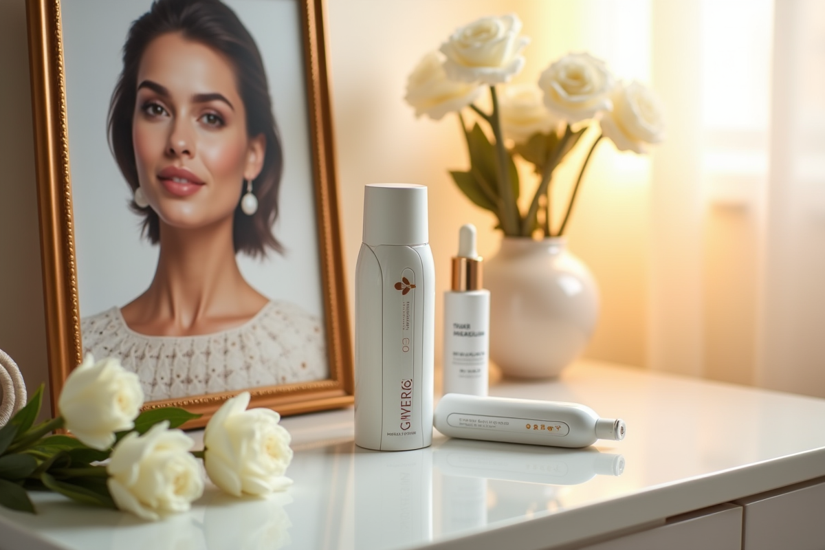 Produits cosmétiques et appareil microneedling sur coiffeuse luxueuse