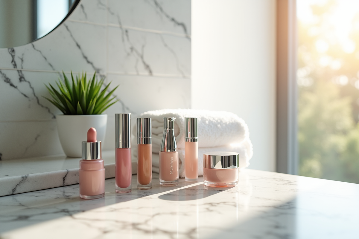 Produits de maquillage haut de gamme sur un comptoir en marbre blanc