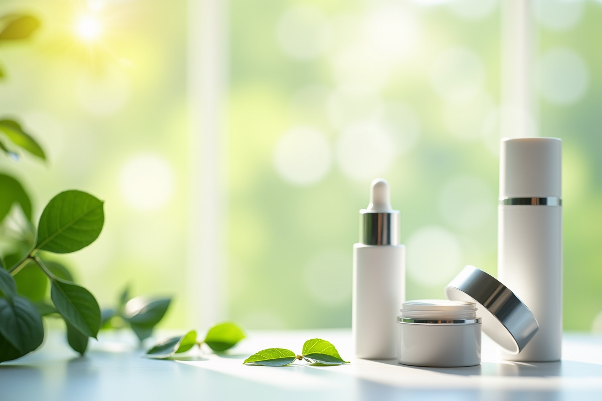 Produits de soin pour la peau avec feuilles vertes en lumière naturelle