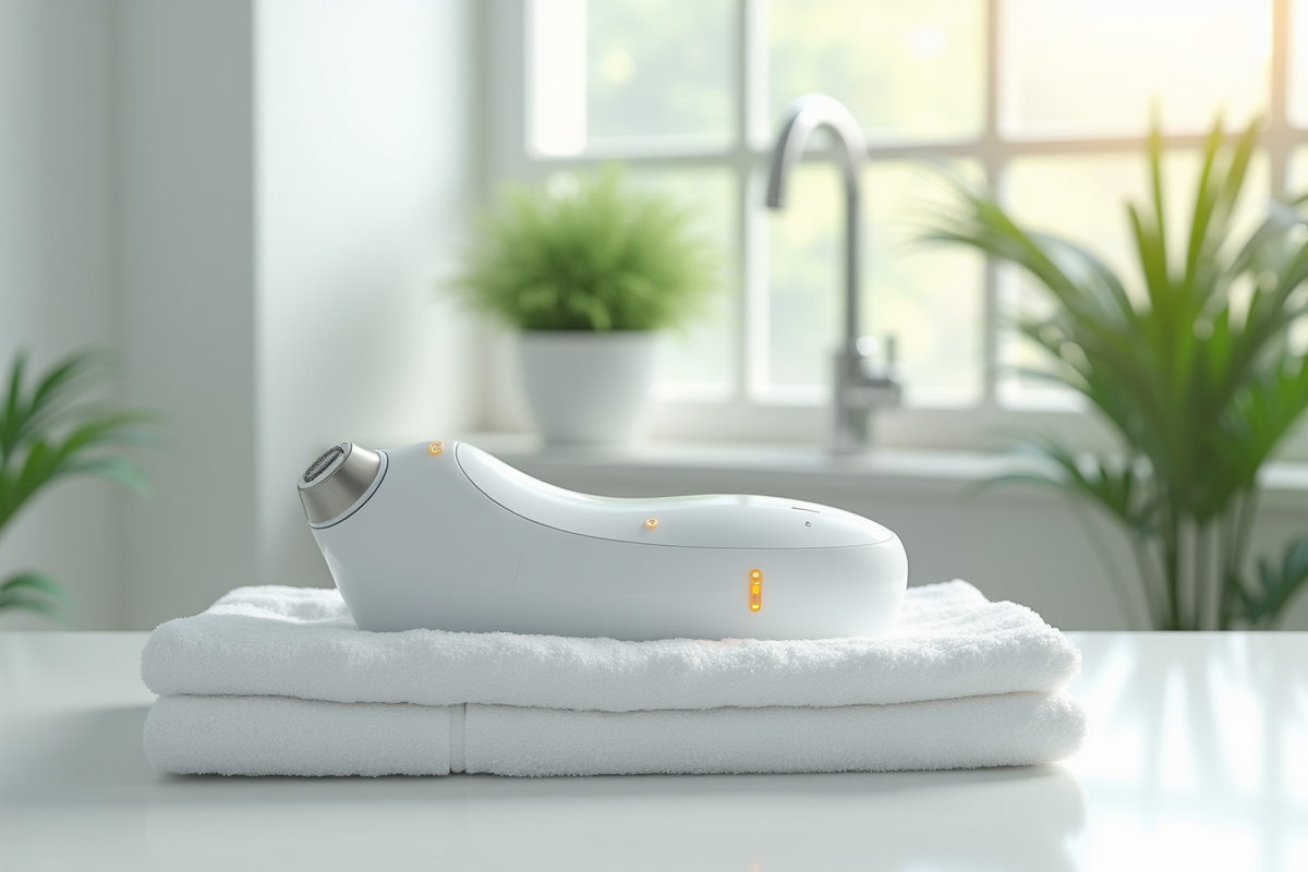 Rasoir électrique étanche sur serviette dans salle lumineuse