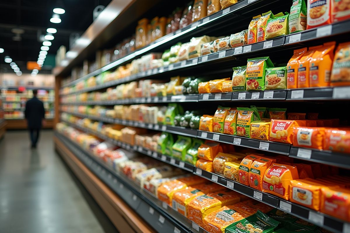 Rayons de supermarché avec produits naturels et bio bien éclairés