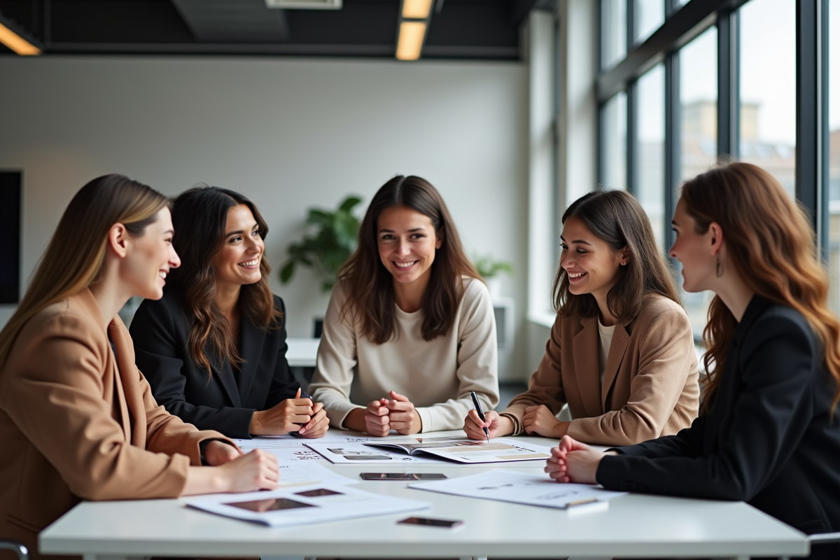Groupe de modèles en atelier avec agent et moodboards