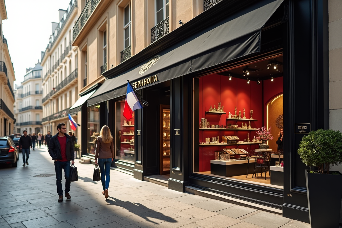 Rue parisienne élégante avec boutique Sephora et passants