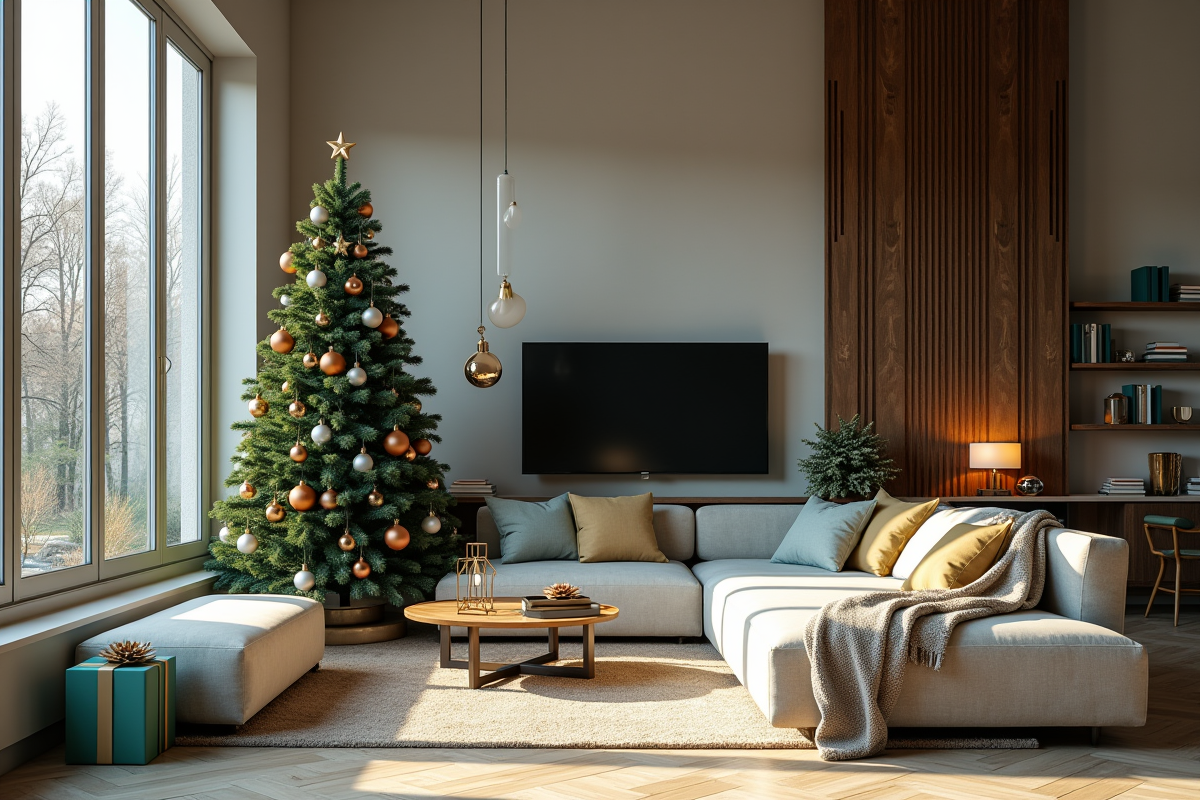 Salon moderne décoré pour Noël 2025 avec sapin élégant