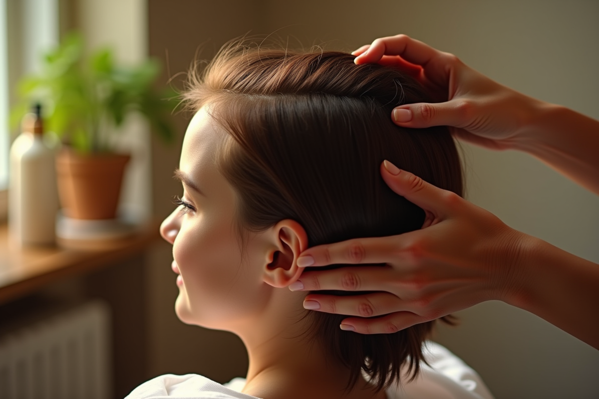 Mains massant un cuir chevelu à la maison avec produits naturels