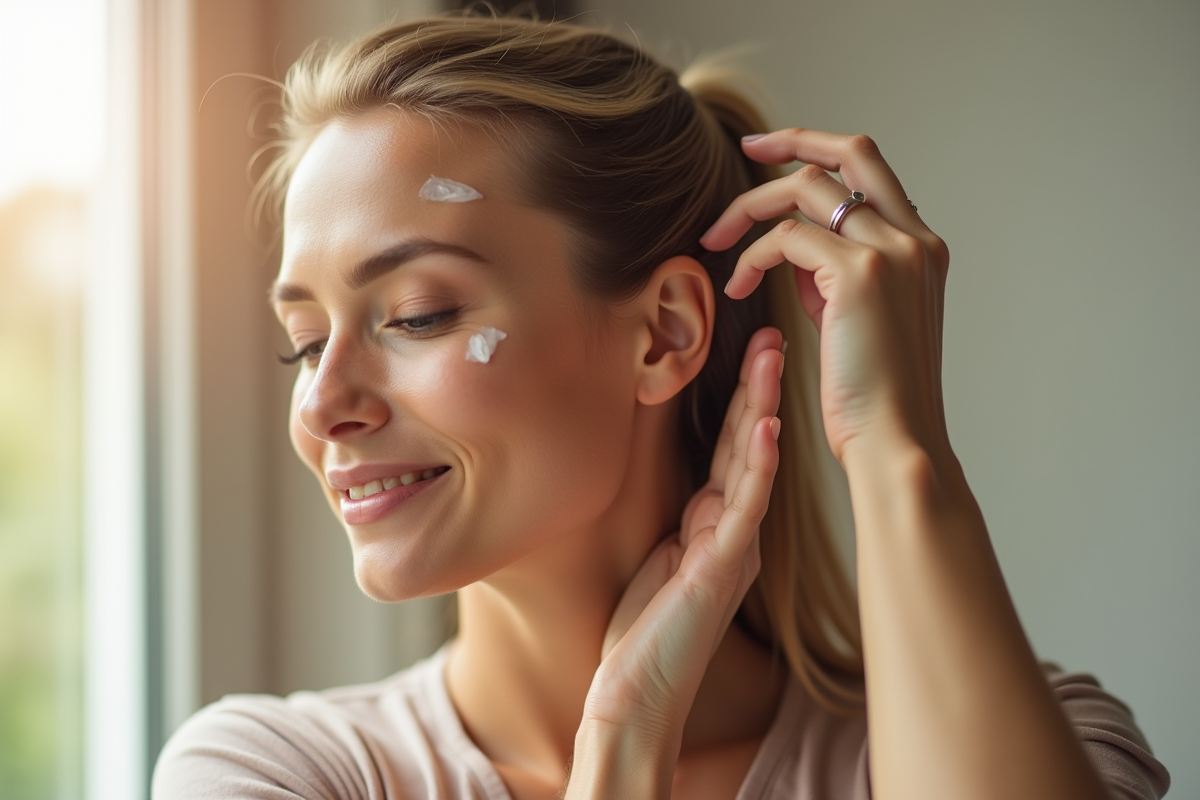 Femme massant doucement son cuir chevelu sensible avec un serum