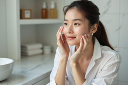 Femme appliquant un serum visage visage parfait