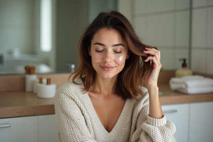 Femme appliquant un masque capillaire nourrissant dans sa salle de bain