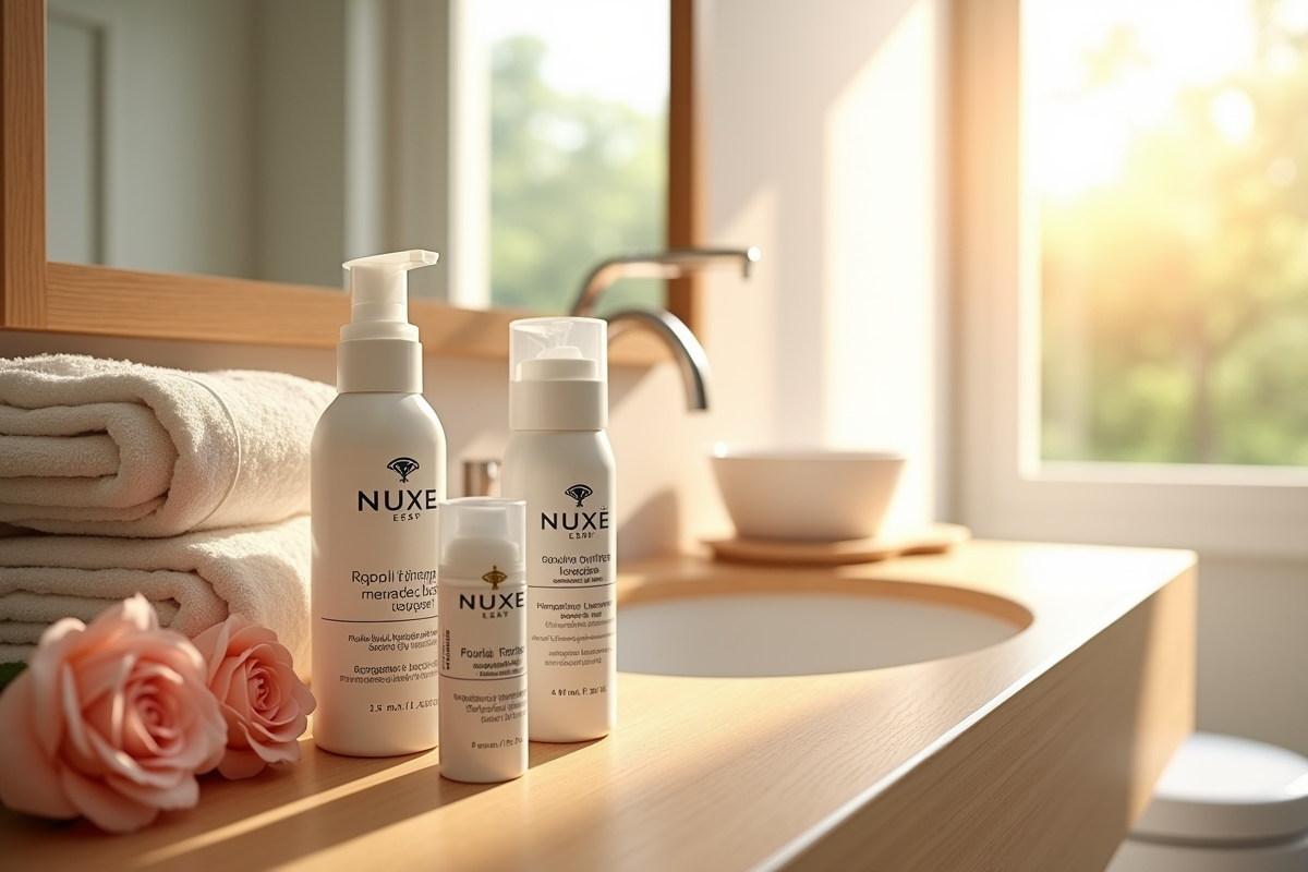Produits Nuxe élégamment disposés sur une coiffeuse en bois clair avec fleurs et serviettes