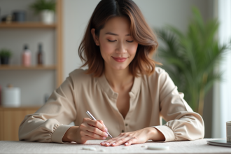 Femme retirant un faux ongle en acrylic à la maison