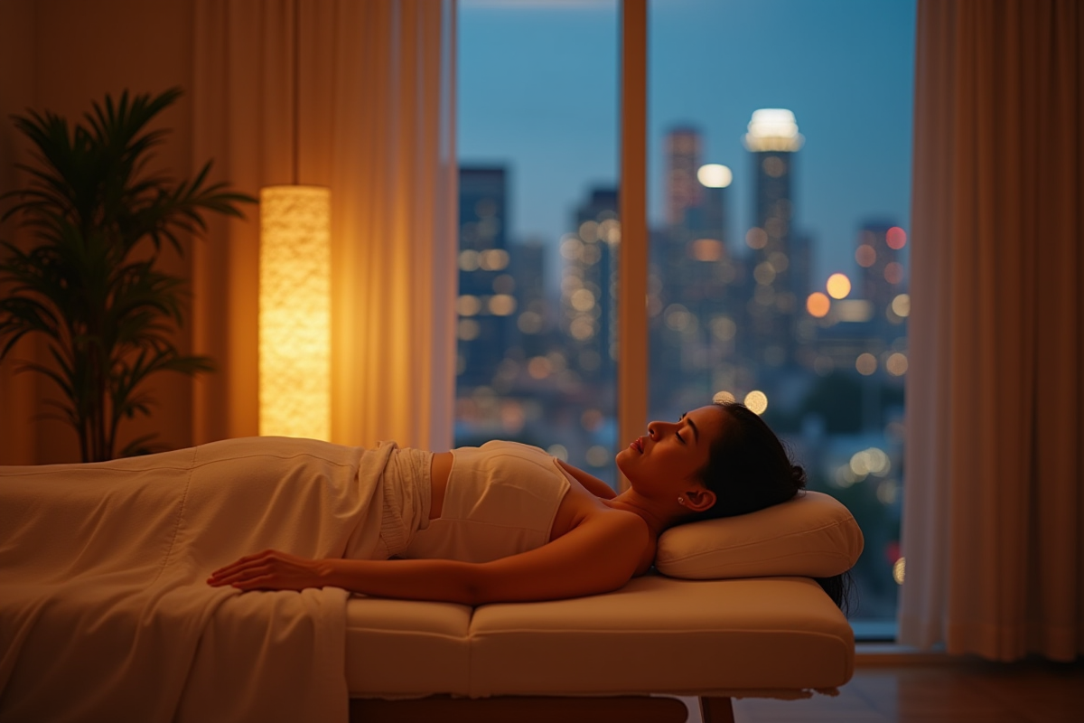 Personne recevant un massage dans un appartement urbain chaleureux