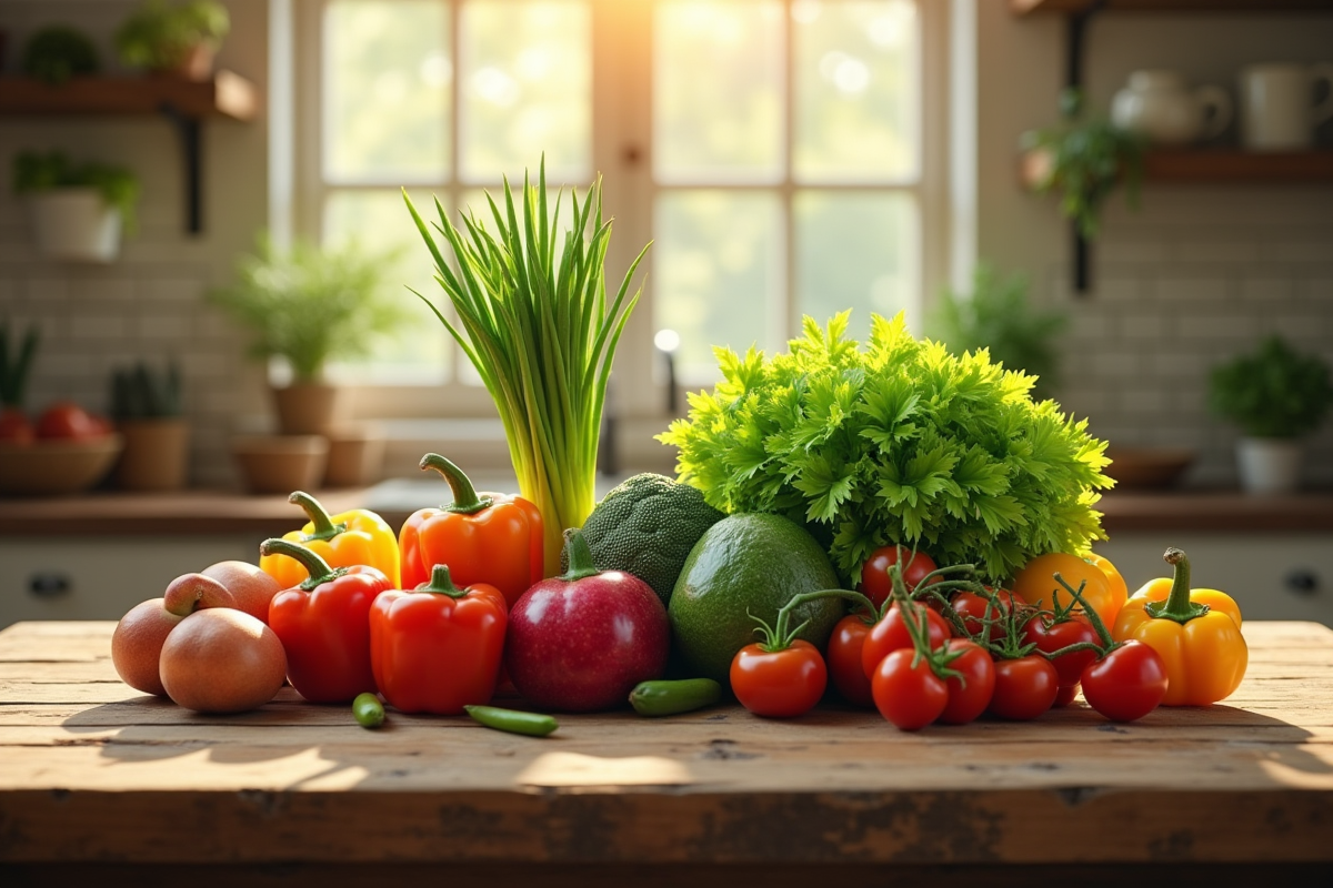 Table rustique avec produits frais naturels et bio ensoleillés