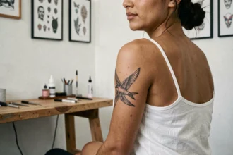 Femme avec un tatouage hirondelle graphique en encre noire sur l'épaule dans un studio de tatouage minimaliste