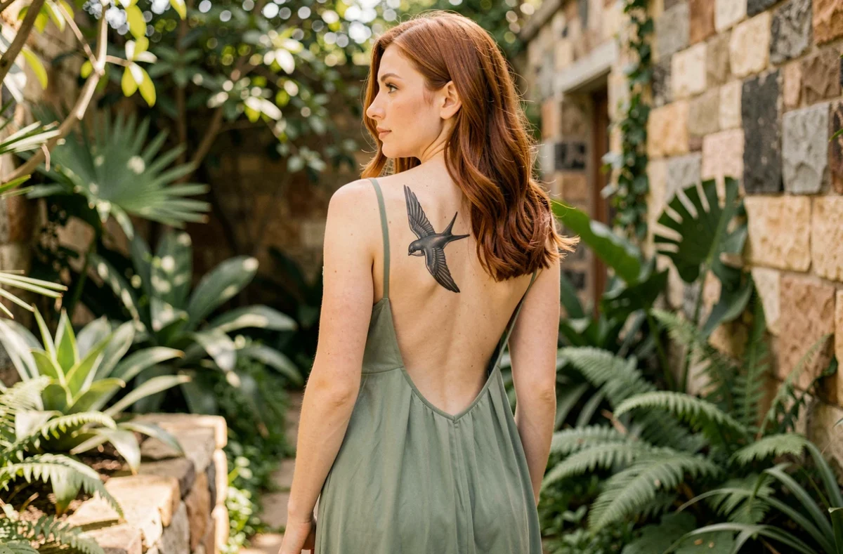 Femme de dos avec un tatouage hirondelle réaliste sur le haut du dos dans un jardin botanique verdoyant