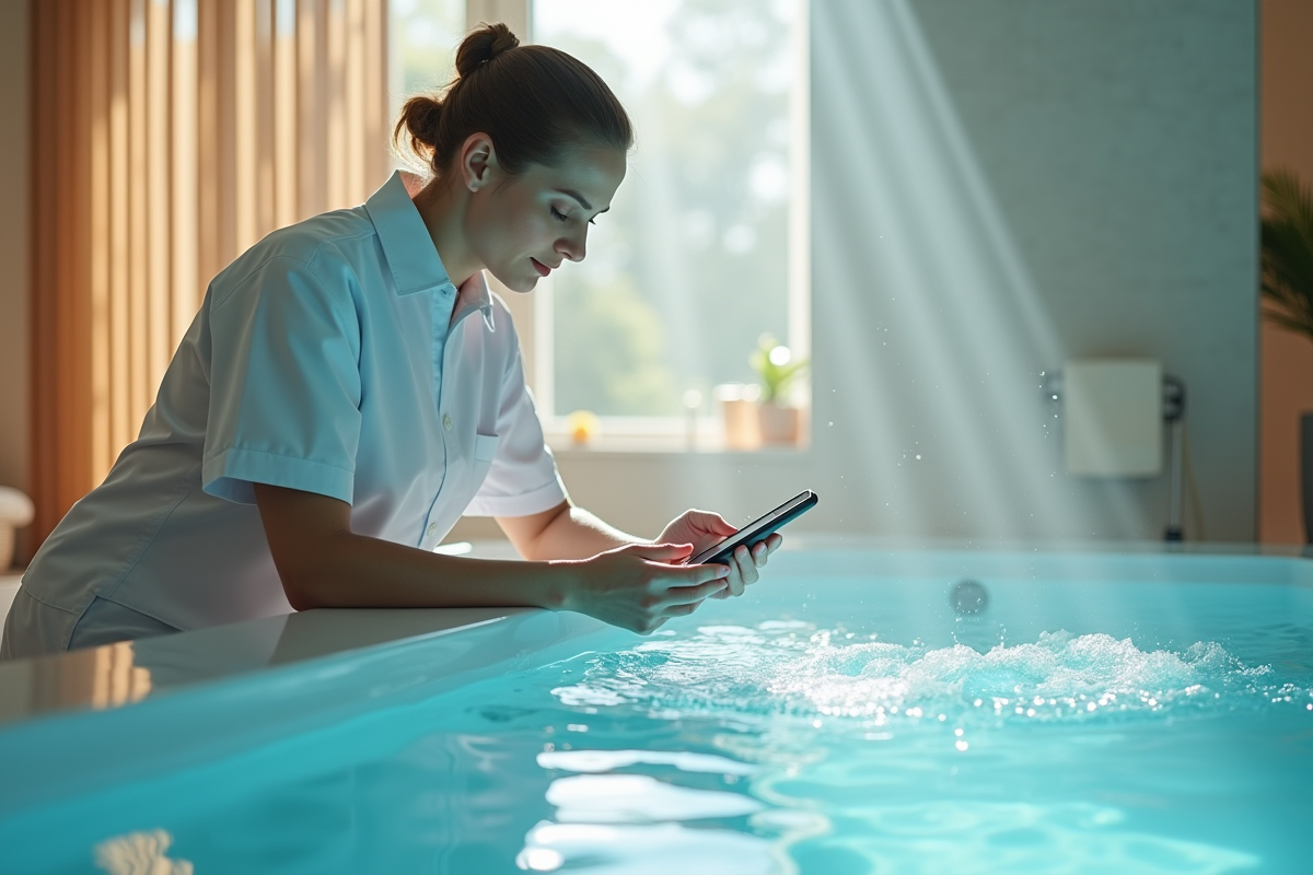 Technicien spa vérifiant la qualité de l'eau dans un bain moderne