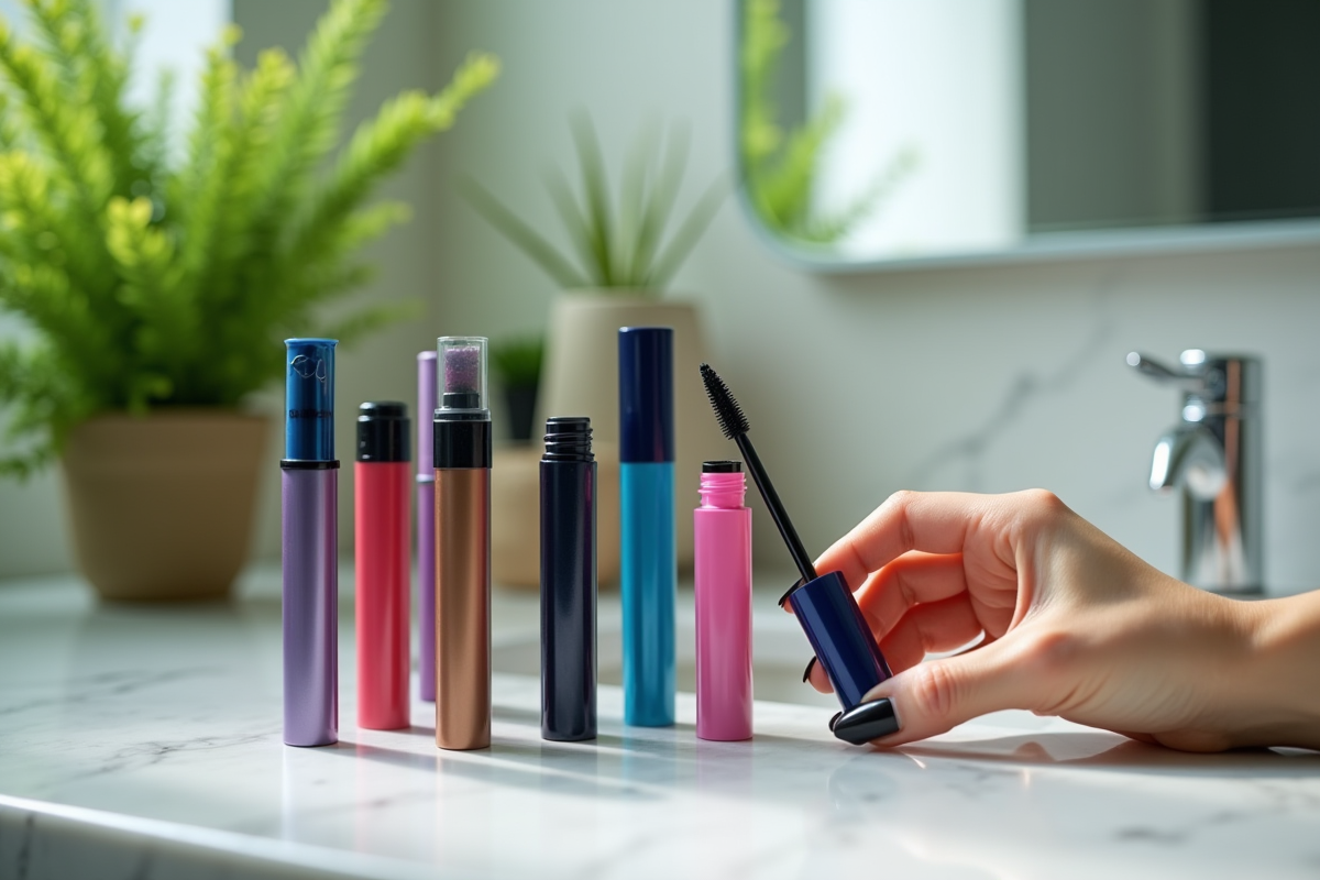 Tubes de mascara colorés sur un comptoir en marbre avec plantes vertes